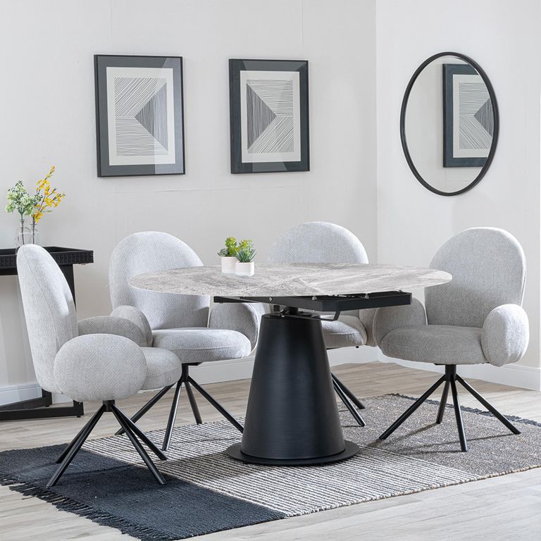 2 x Free Chairs - Carrara Dining Set - 4 Seater - 135cm - Round - Grey Ceramic - Extending - 2x Theo Swivel Dining Chairs - Grey Fabric
