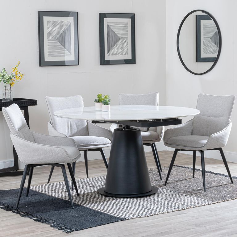 Carrara White Ceramic 4 Seater Round Extending Dining Set - 4 Ace Beige Fabric Swivel Dining Chair