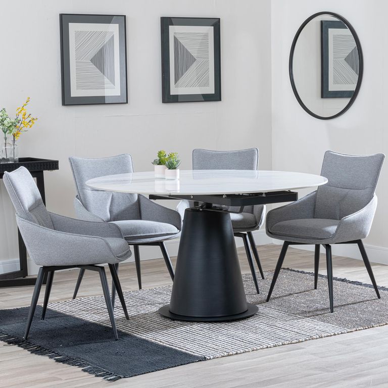Carrara White Ceramic 4 Seater Round Extending Dining Set - 4 Ace Grey Fabric Swivel Dining Chair