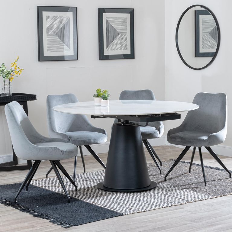 Carrara White Ceramic 4 Seater Round Extending Dining Set - 4 Arctic Grey Velvet Fabric Swivel Dining Chair