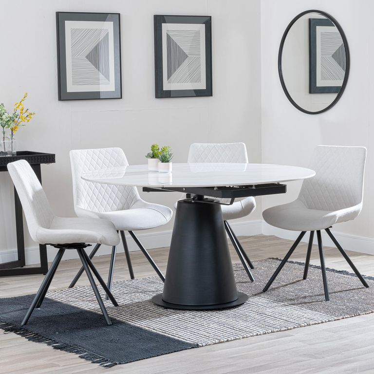 Carrara White Ceramic 4 Seater Round Extending Dining Set - 4 Boden Cream Fabric Swivel Dining Chair