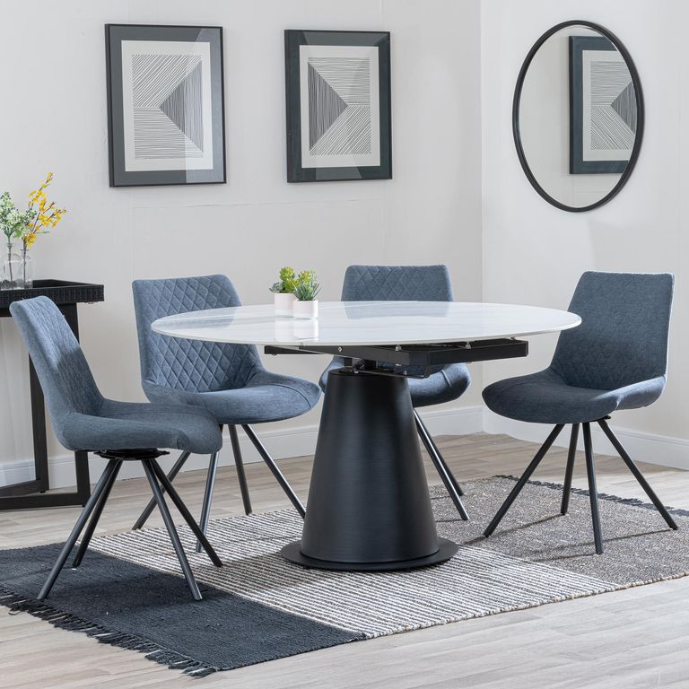 Carrara White Ceramic 4 Seater Round Extending Dining Set - 4 Boden Dark Grey Fabric Swivel Dining Chair