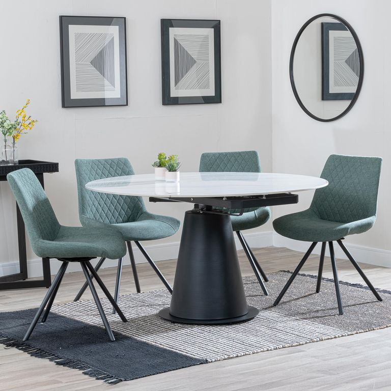 Carrara White Ceramic 4 Seater Round Extending Dining Set - 4 Boden Green Fabric Swivel Dining Chair