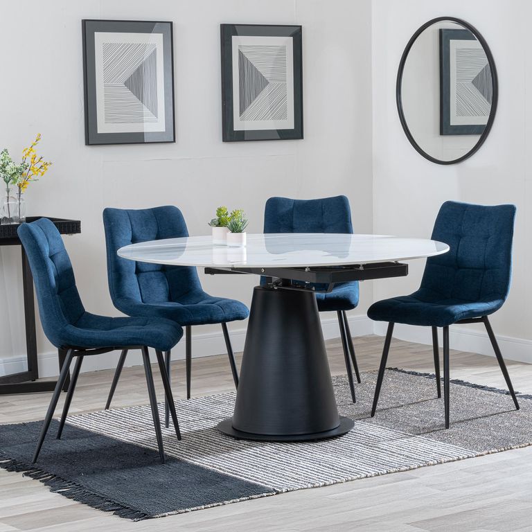 Carrara White Ceramic 4 Seater Round Extending Dining Set - 4 Corona Blue Fabric Dining Chair
