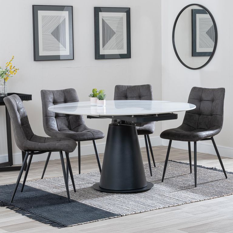 Carrara White Ceramic 4 Seater Round Extending Dining Set - 4 Corona Grey Fabric Dining Chair