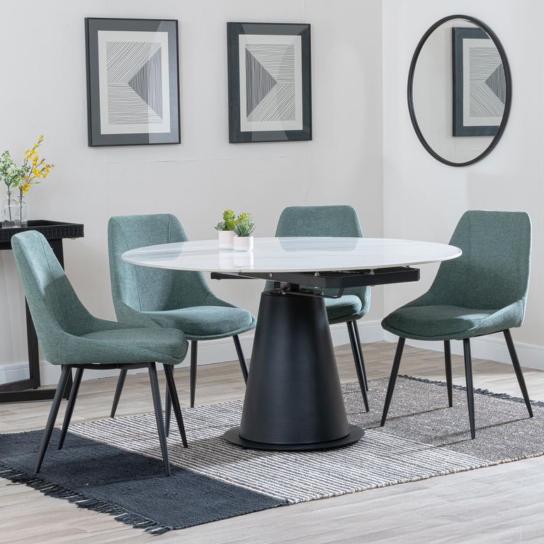 Carrara White Ceramic 4 Seater Round Extending Dining Set - 4 Darwin Green Fabric Dining Chair