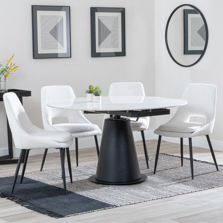 Carrara White Ceramic 4 Seater Round Extending Dining Set - 4 Peyton Cream Fabric Dining Chair
