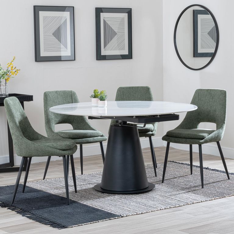 Carrara White Ceramic 4 Seater Round Extending Dining Set - 4 Peyton Green Fabric Dining Chair