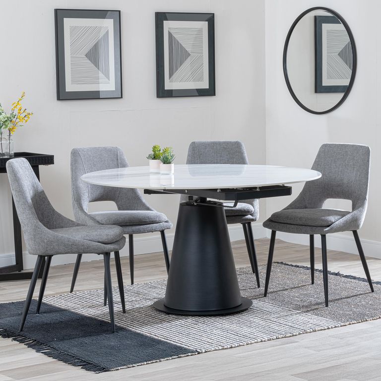 Carrara White Ceramic 4 Seater Round Extending Dining Set - 4 Peyton Grey Fabric Dining Chair