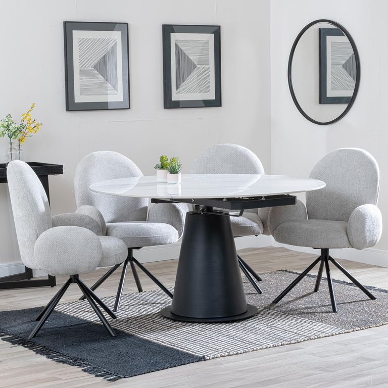 Carrara White Ceramic 4 Seater Round Extending Dining Set - 4 Theo Grey Fabric Swivel Dining Chair