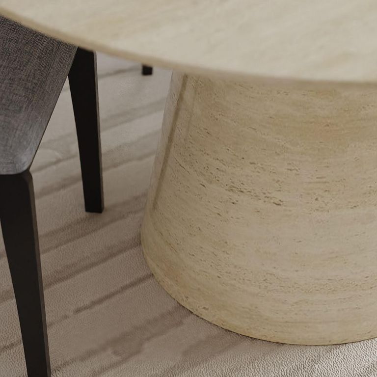 Carrera Travertine Beige Engineered Marble Round Dining Set - 4 Athena Black High Gloss Slatted Back Dining Chair with Grey Seat Pads