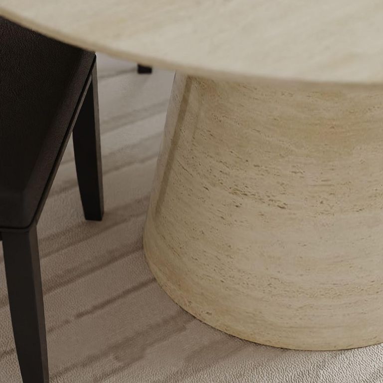 Carrera Travertine Beige Engineered Marble Round Dining Set - 4 Cadiz Black Leather Dining Chair
