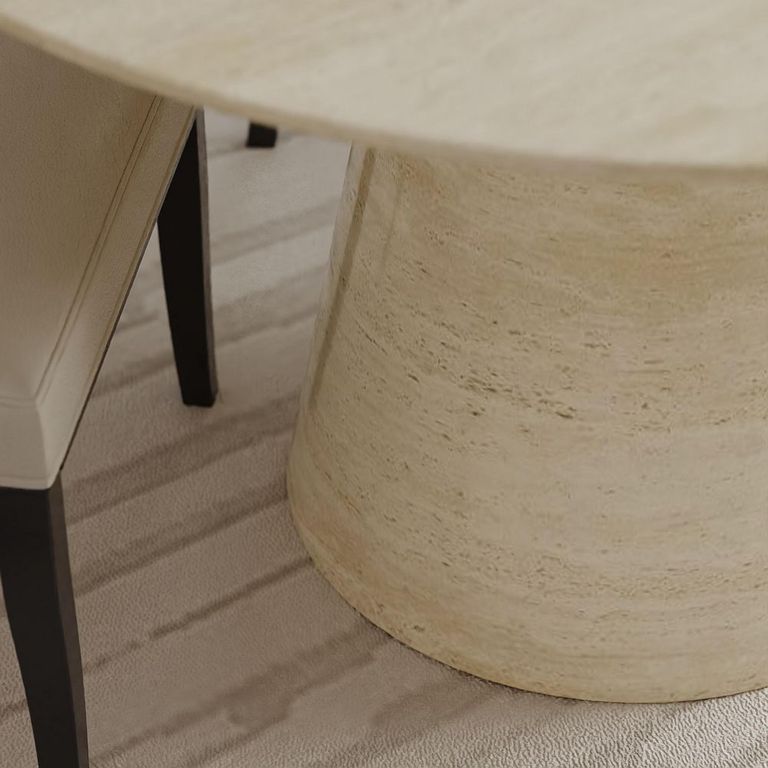 Carrera Travertine Beige Engineered Marble Round Dining Set - 4 Carmela Cream Leather Dining Chair