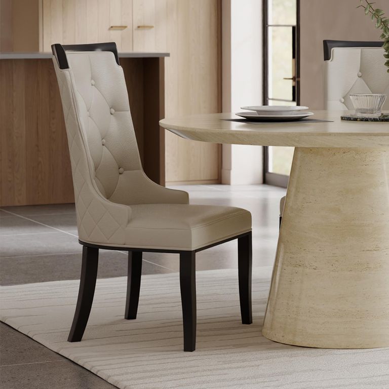 Carrera Travertine Beige Engineered Marble Round Dining Set - 4 Carmela Cream Leather Dining Chair