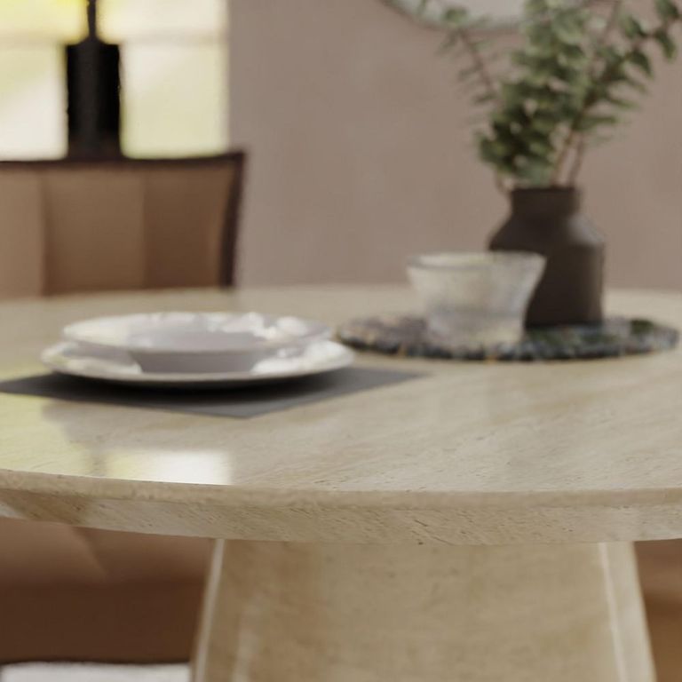 Carrera Travertine Beige Engineered Marble Round Dining Set - 4 Paris Taupe Leather Dining Chair with Brown Legs