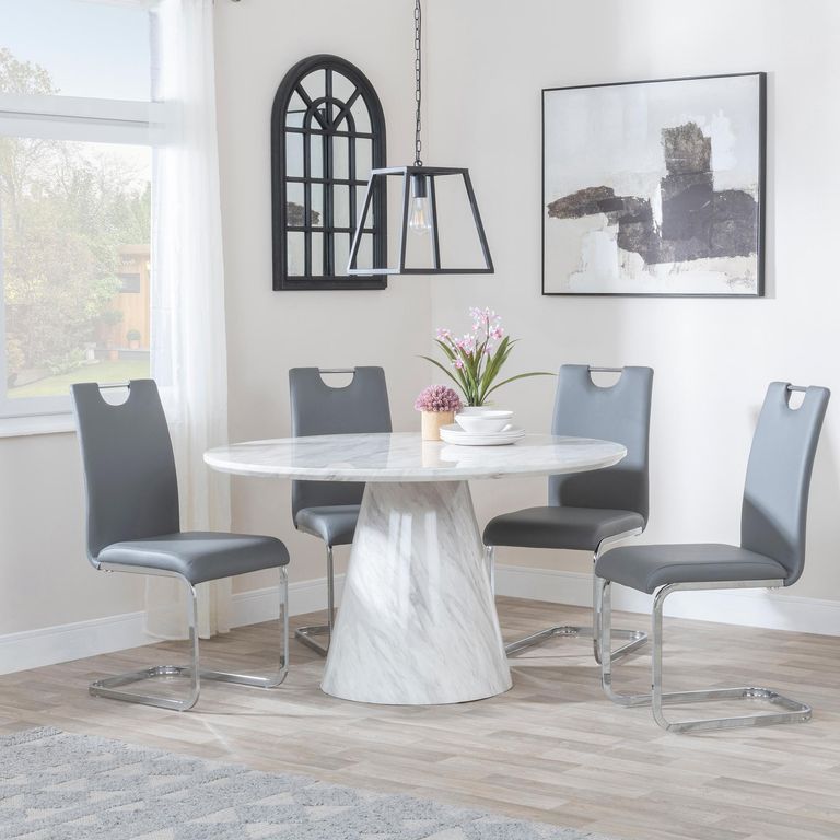 Carrera 4 Seater White Marble Round Dining Set - 4 Bianco Grey Faux Leather Dining Chair