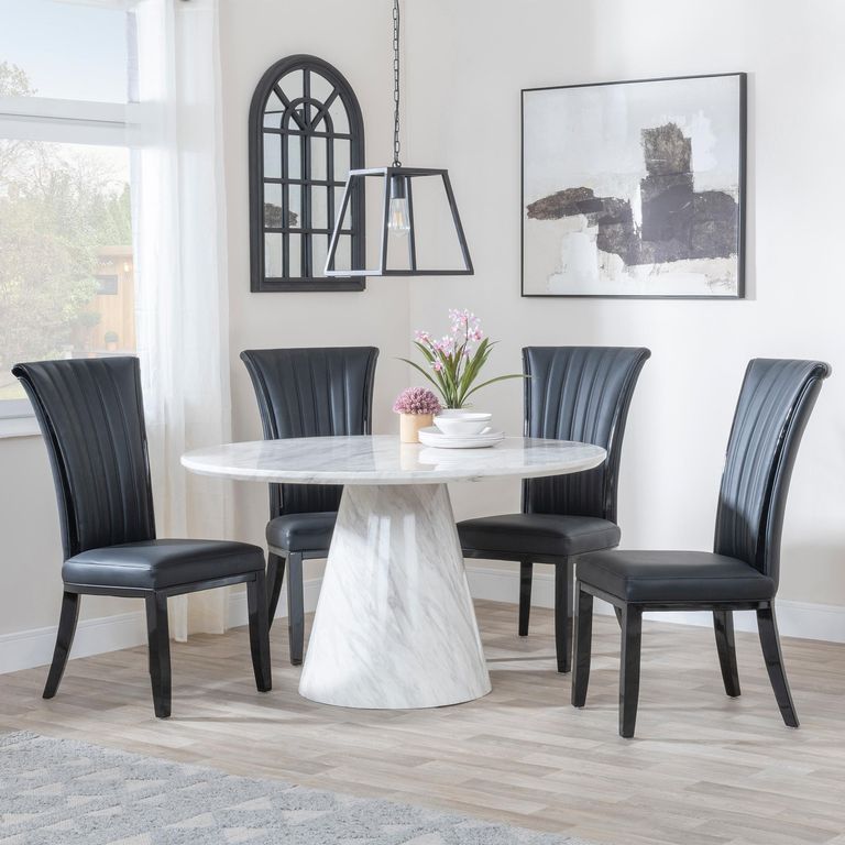 Carrera 4 Seater White Marble Round Dining Set - 4 Cadiz Black Leather Dining Chair