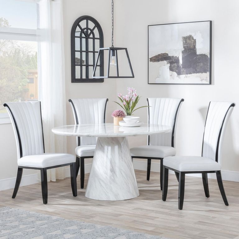 Carrera 4 Seater White Marble Round Dining Set - 4 Cadiz White Leather Dining Chair