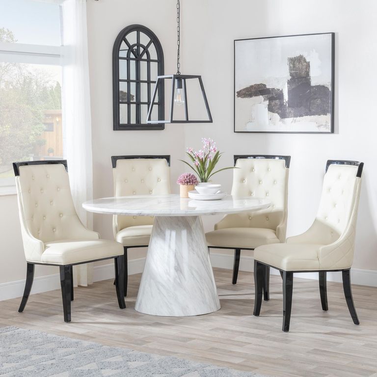 Carrera 4 Seater White Marble Round Dining Set - 4 Carmela Cream Leather Dining Chair