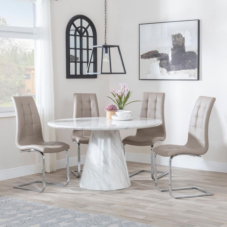 Carrera 4 Seater White Marble Round Dining Set - 4 Jamison Beige Faux Leather Dining Chair
