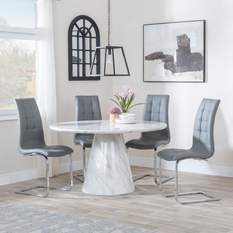 Carrera 4 Seater White Marble Round Dining Set - 4 Jamison Grey Faux Leather Dining Chair
