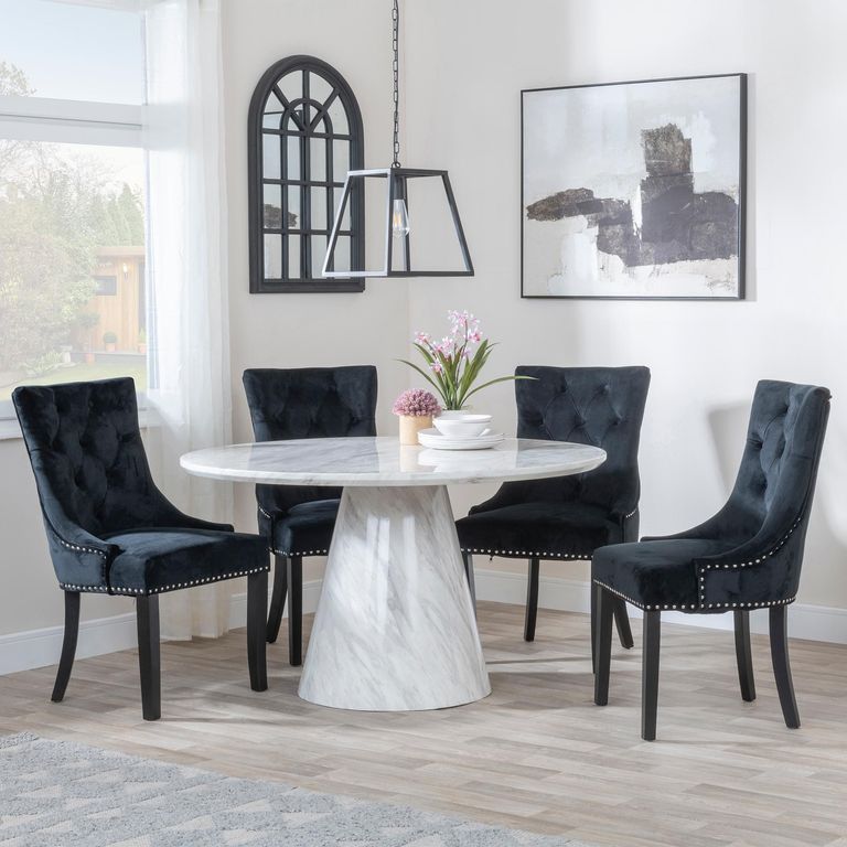 Carrera 4 Seater White Marble Round Dining Set - 4 Knocker Back Black Velvet Fabric Dining Chair with Black Wooden Legs
