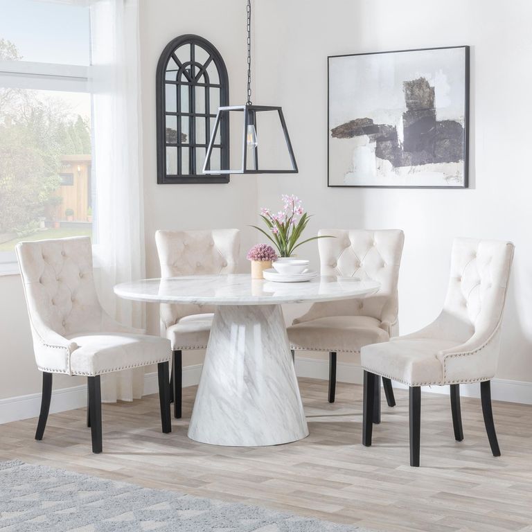 Carrera 4 Seater White Marble Round Dining Set - 4 Knocker Back Champagne Velvet Fabric Dining Chair with Black Wooden Legs