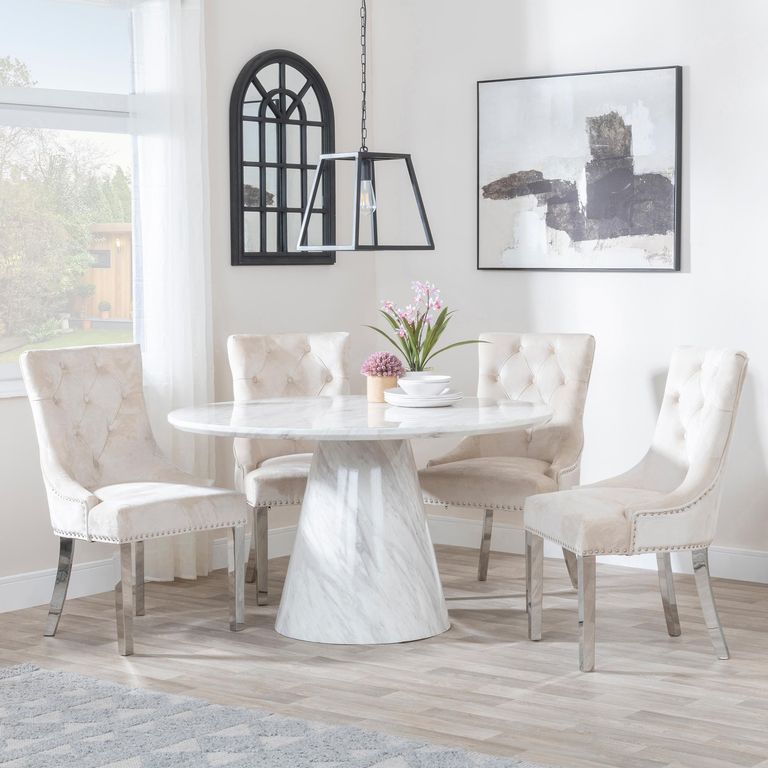 Carrera 4 Seater White Marble Round Dining Set - 4 Knocker Back Champagne Velvet Fabric Dining Chair with Chrome Legs