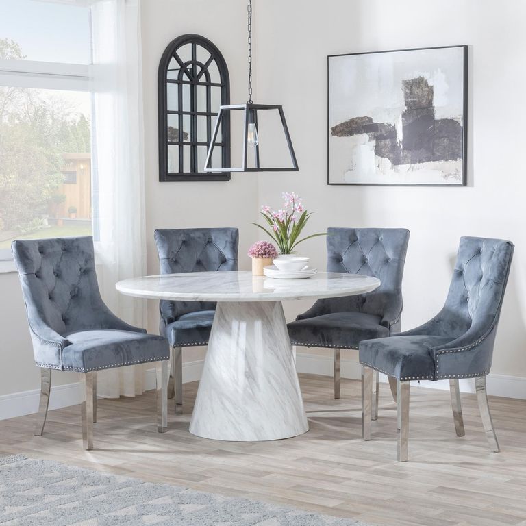Carrera 4 Seater White Marble Round Dining Set - 4 Knocker Back Grey Velvet Fabric Dining Chair with Chrome Legs