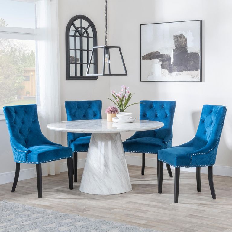 Carrera 4 Seater White Marble Round Dining Set - 4 Lion Knocker Back Blue Velvet Fabric Dining Chair with Black Wooden Legs