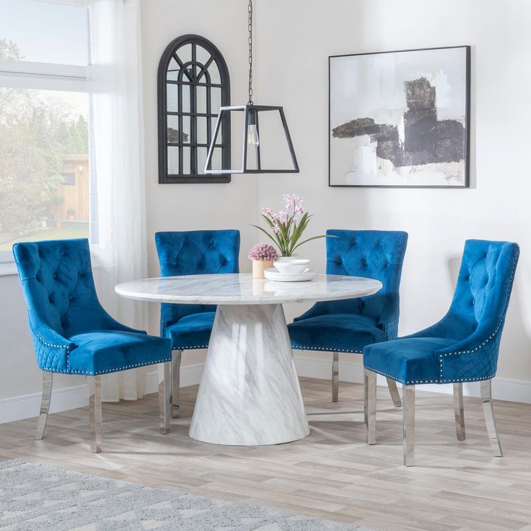 Carrera 4 Seater White Marble Round Dining Set - 4 Lion Knocker Back Blue Velvet Fabric Dining Chair with Chrome Legs