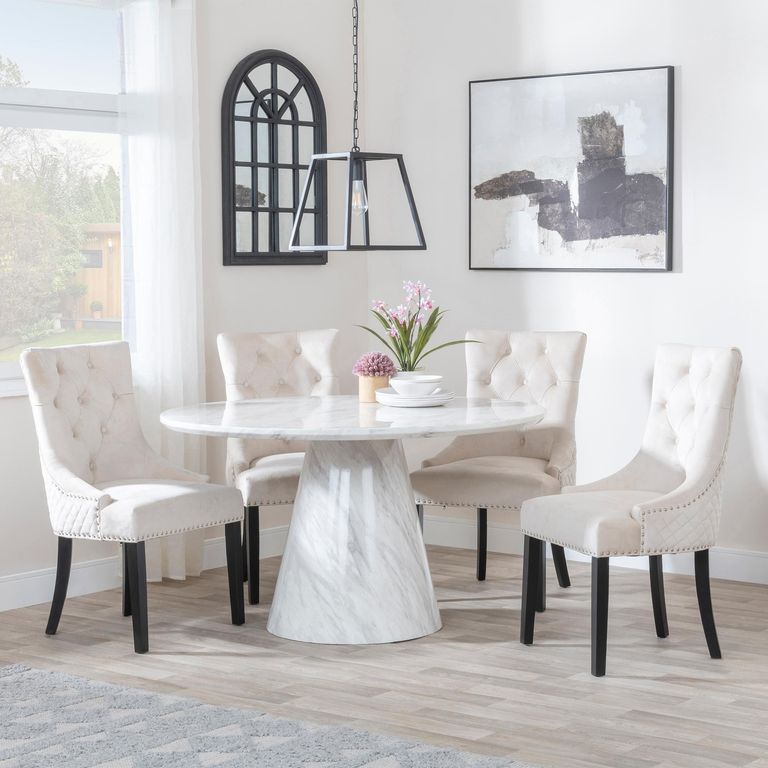 Carrera 4 Seater White Marble Round Dining Set - 4 Lion Knocker Back Champagne Velvet Fabric Dining Chair with Black Wooden Legs