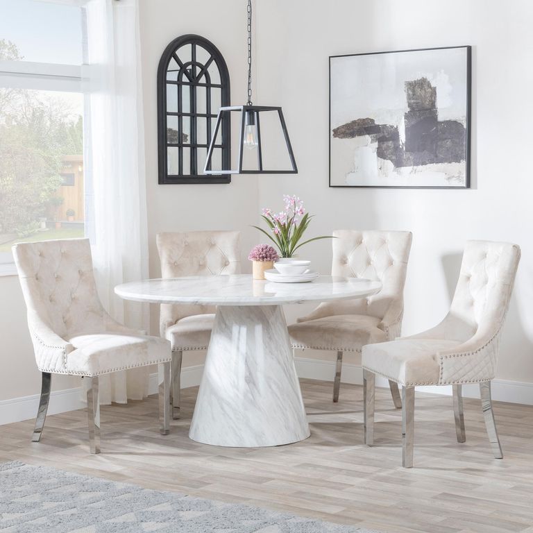Carrera 4 Seater White Marble Round Dining Set - 4 Lion Knocker Back Champagne Velvet Fabric Dining Chair with Chrome Legs