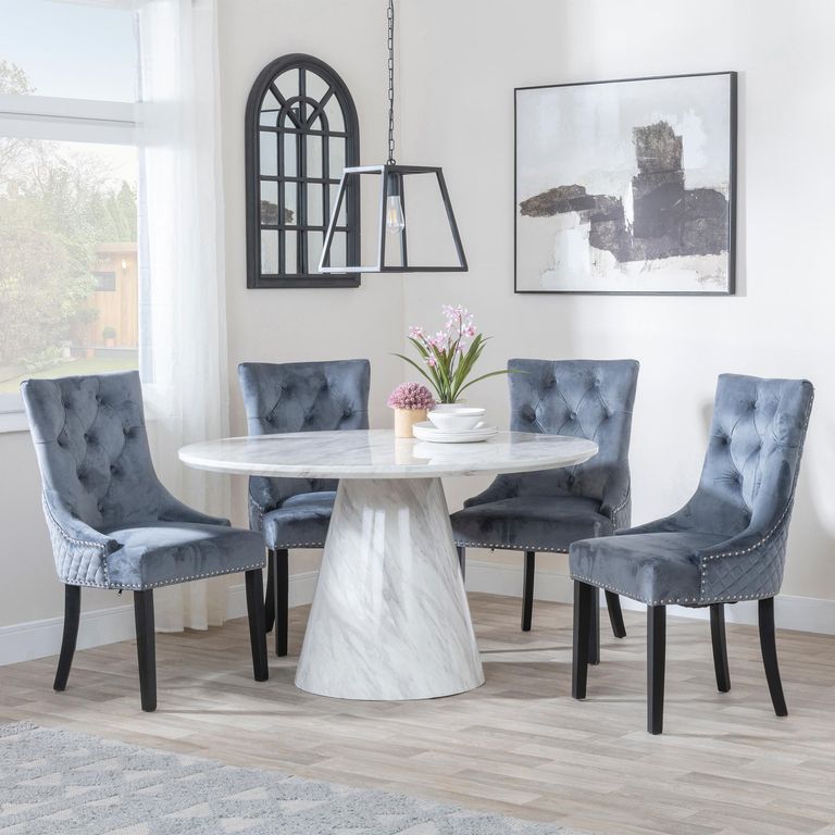 Carrera 4 Seater White Marble Round Dining Set - 4 Lion Knocker Back Grey Velvet Fabric Dining Chair with Black Wooden Legs