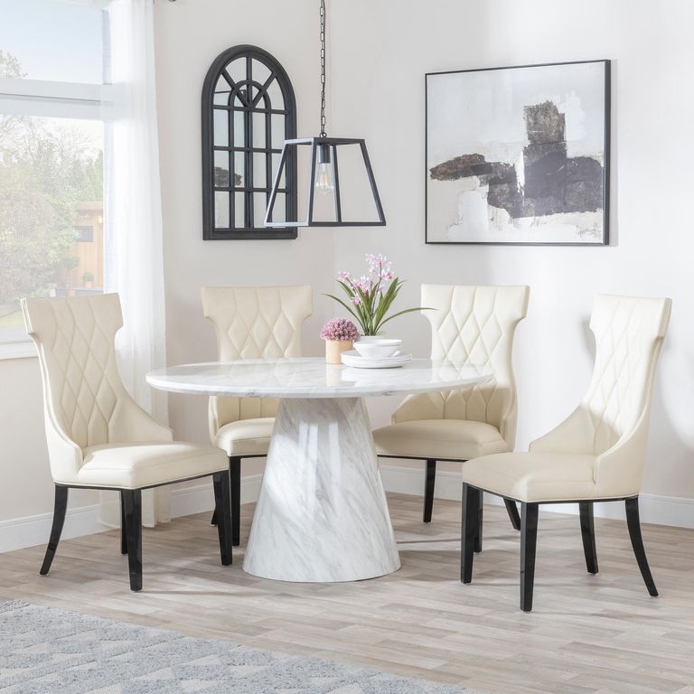 Carrera 4 Seater White Marble Round Dining Set - 4 Mimi Cream Leather Dining Chair