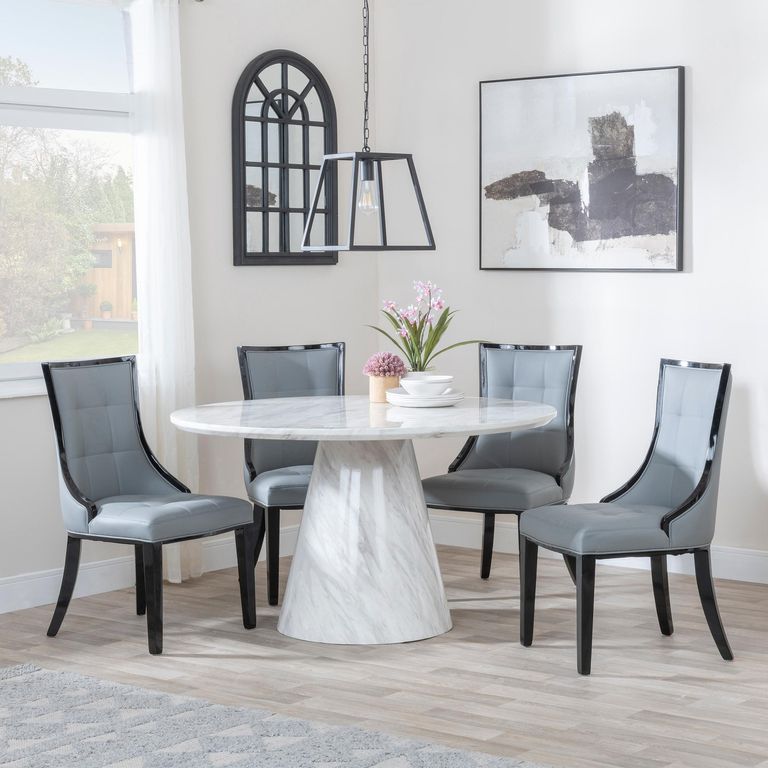 Carrera 4 Seater White Marble Round Dining Set - 4 Paris Grey Leather Dining Chair with Black Legs