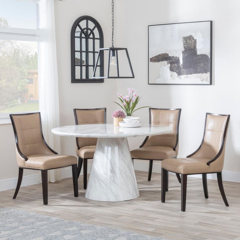 Carrera 4 Seater White Marble Round Dining Set - 4 Paris Taupe Leather Dining Chair with Brown Legs