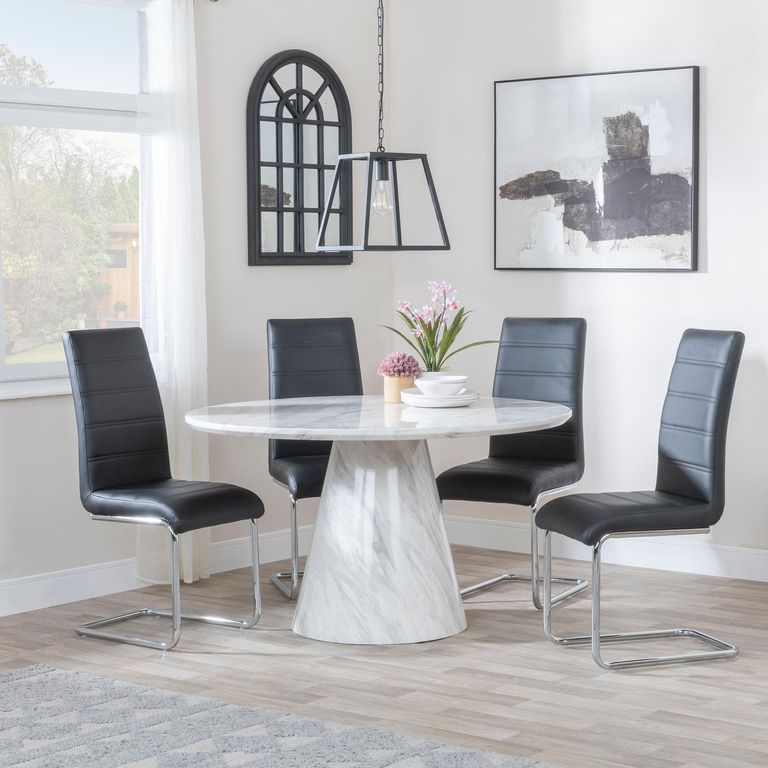 Carrera 4 Seater White Marble Round Dining Set - 4 Roma Black Faux Leather Dining Chair
