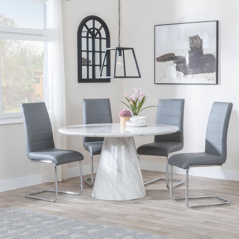 Carrera 4 Seater White Marble Round Dining Set - 4 Roma Grey Faux Leather Dining Chair