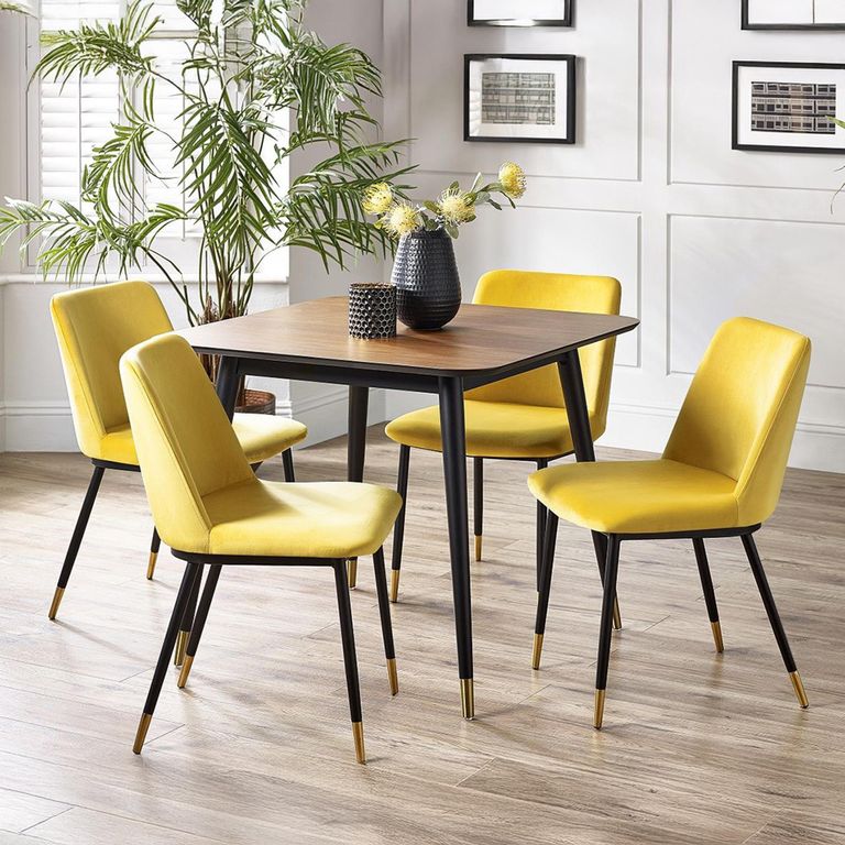 Findlay Dining Set - Walnut - 4 Seater - 90cm - Square - 4 Delaunay Yellow Chairs