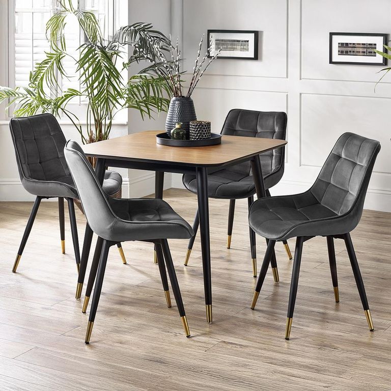 Findlay Dining Set - Walnut - 4 Seater - 90cm - Square - 4 Hadid Grey Chairs