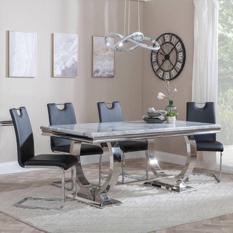 Glacier Grey Marble and Chrome Dining Set - Bianco Black Faux Leather Dining Chair