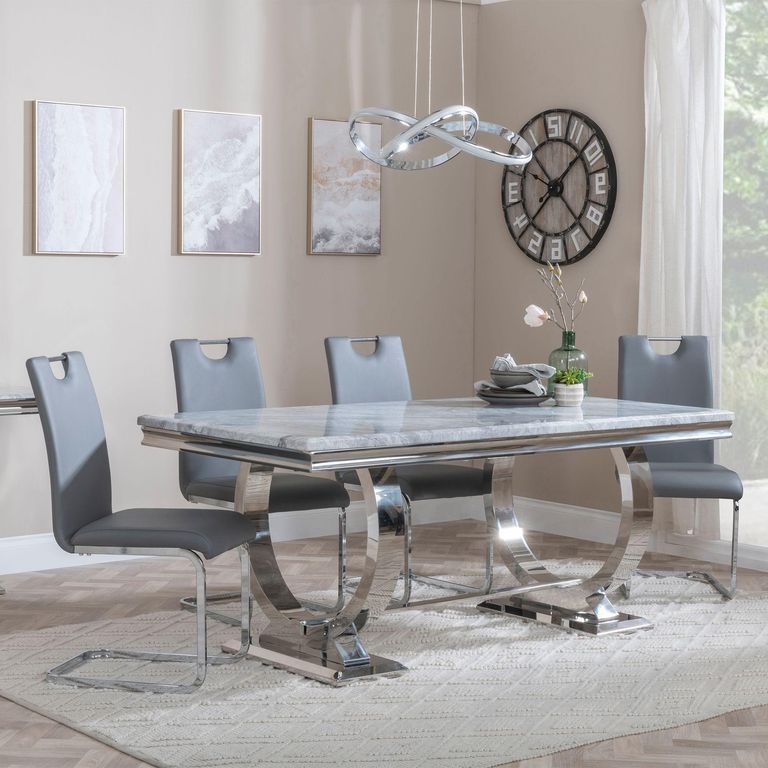 Glacier Grey Marble and Chrome Dining Set - Bianco Grey Faux Leather Dining Chair