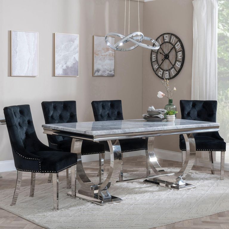 Glacier Grey Marble and Chrome Dining Set - Knocker Back Black Velvet Fabric Dining Chair with Chrome Legs