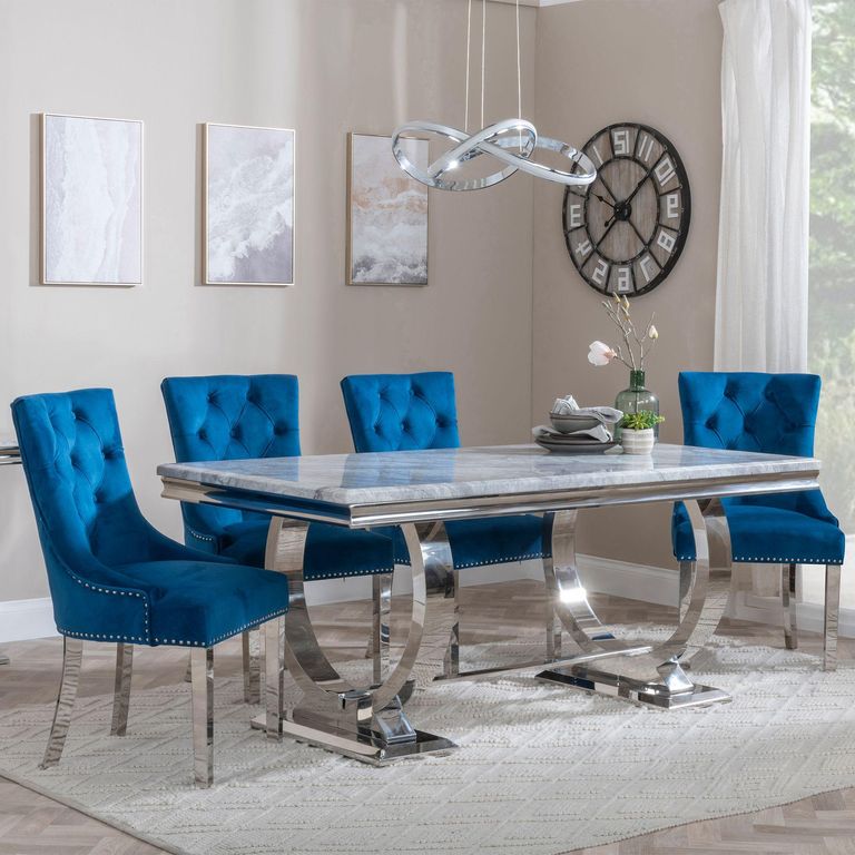 Glacier Grey Marble and Chrome Dining Set - Knocker Back Blue Velvet Fabric Dining Chair with Chrome Legs