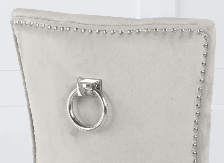 Glacier Grey Marble and Chrome Dining Set - Knocker Back Champagne Velvet Fabric Dining Chair with Chrome Legs