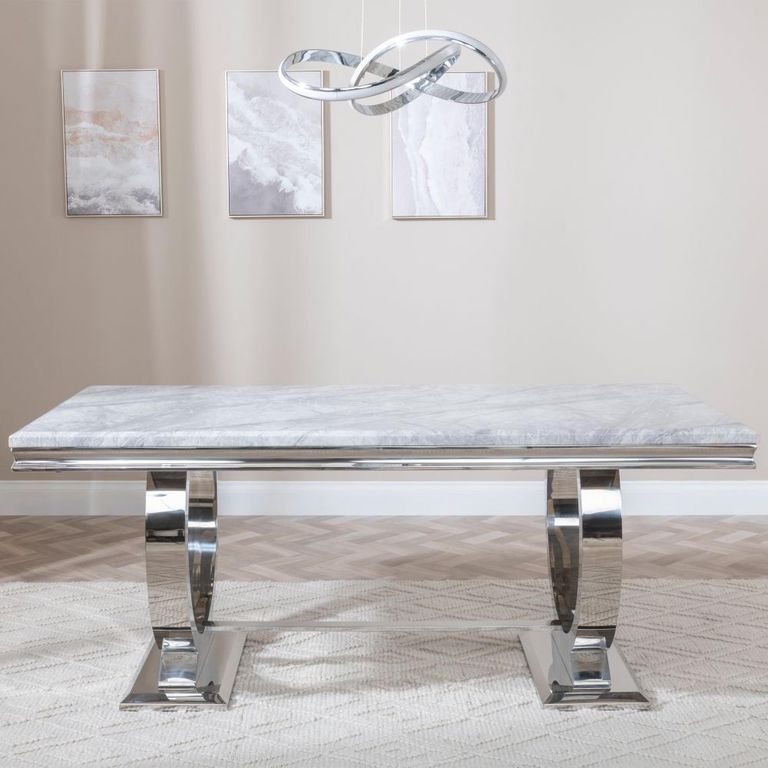 Glacier Grey Marble and Chrome Dining Set - Knocker Back Grey Velvet Fabric Dining Chair with Chrome Legs