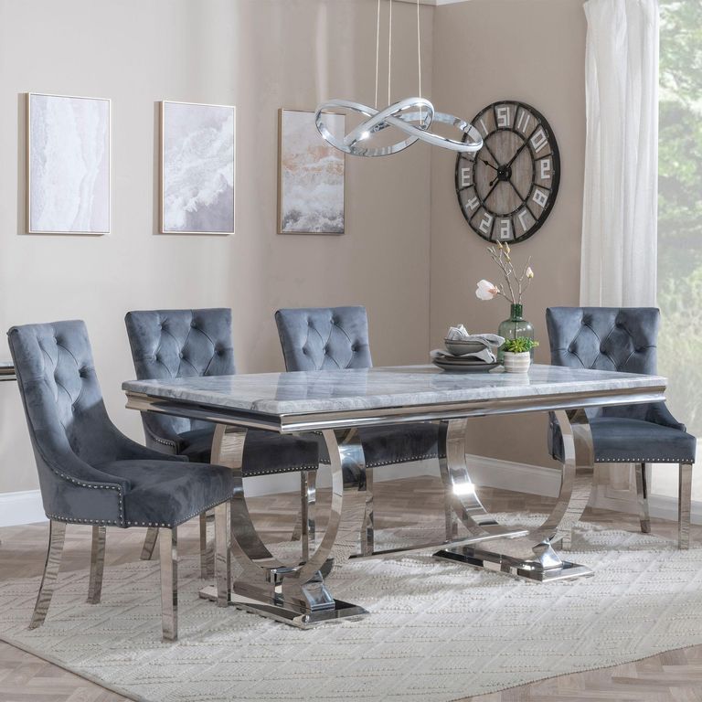 Glacier Grey Marble and Chrome Dining Set - Knocker Back Grey Velvet Fabric Dining Chair with Chrome Legs