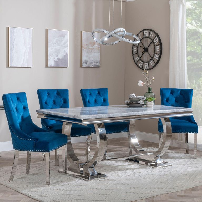 Glacier Grey Marble and Chrome Dining Set - Lion Knocker Back Blue Velvet Fabric Dining Chair with Chrome Legs