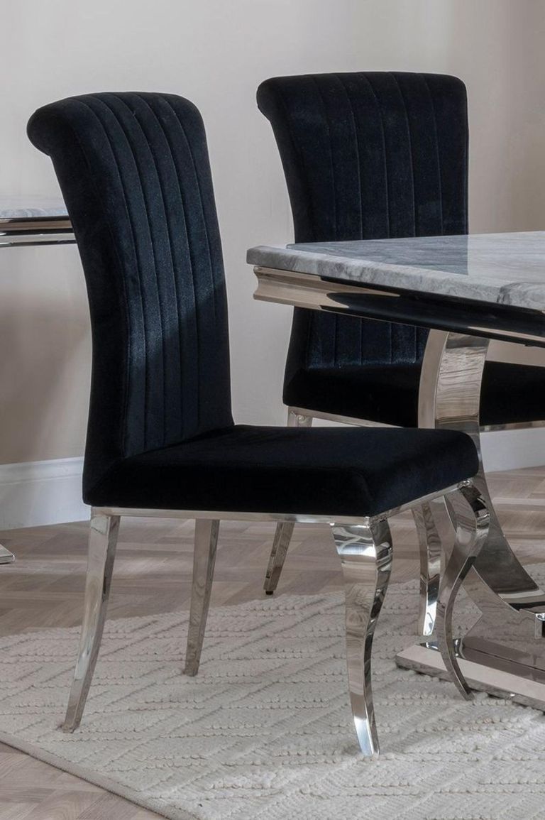 Glacier Grey Marble and Chrome Dining Set - Louis Black Velvet Fabric Dining Chair